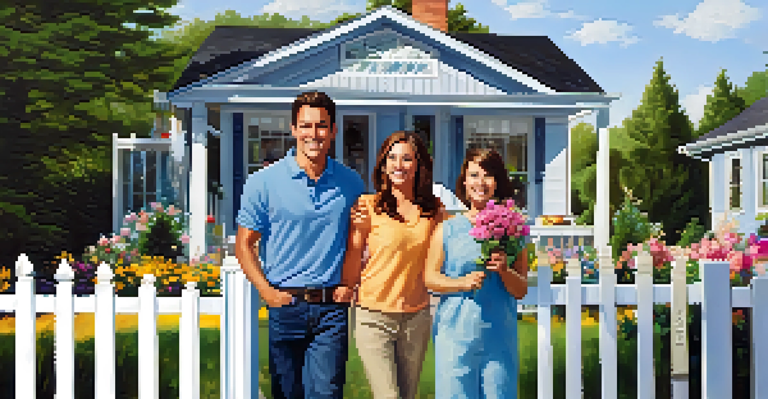 A joyful family standing in front of their new home, holding keys and smiling with a 'Sold' sign in the yard.