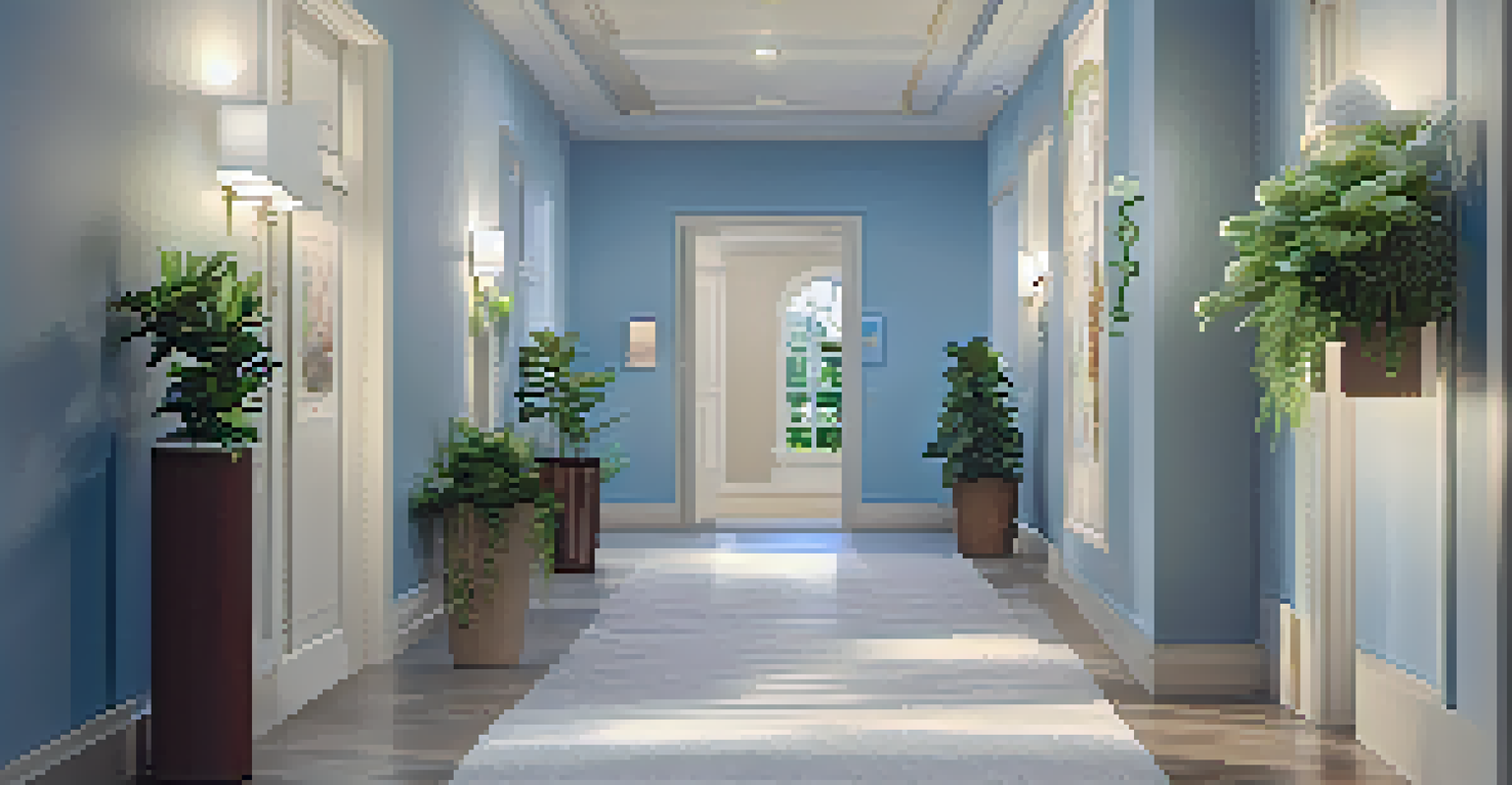 A serene hallway with soft lighting and decorative art, featuring clear pathways and small plants, decorated in soft blues and whites.