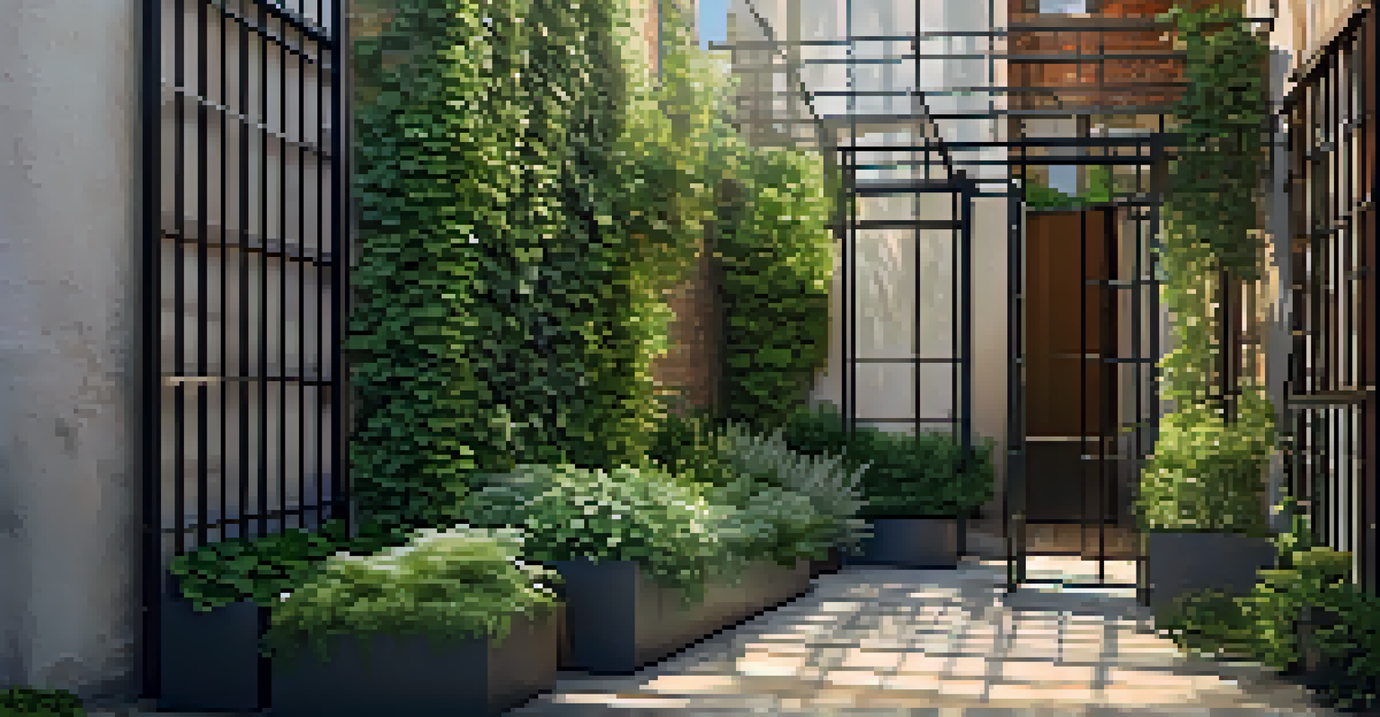 An urban garden with a tall metal trellis covered in ivy, surrounded by potted herbs and flowers in warm afternoon sunlight.