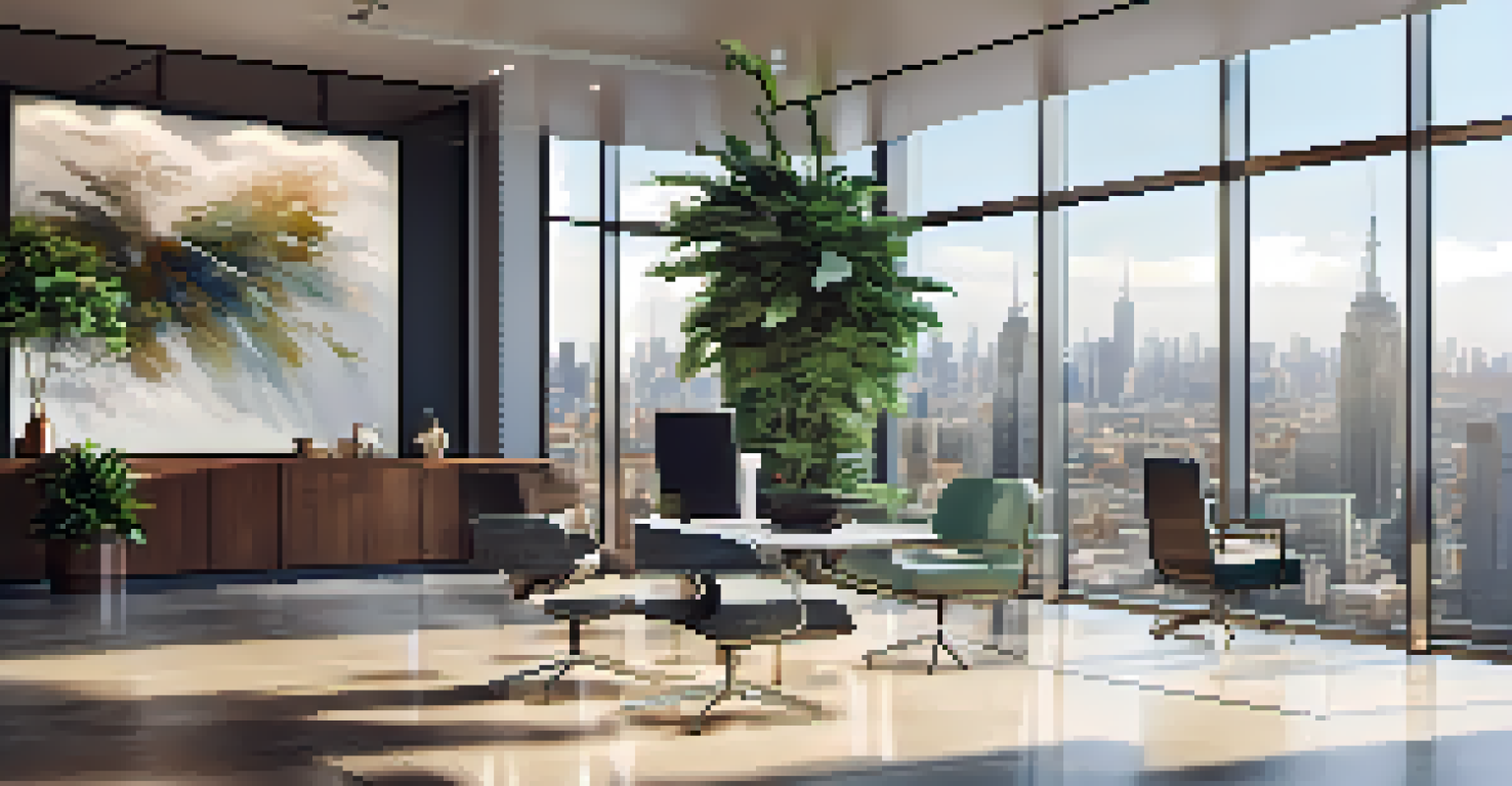 A luxurious office interior with large windows, contemporary furniture, and natural light.
