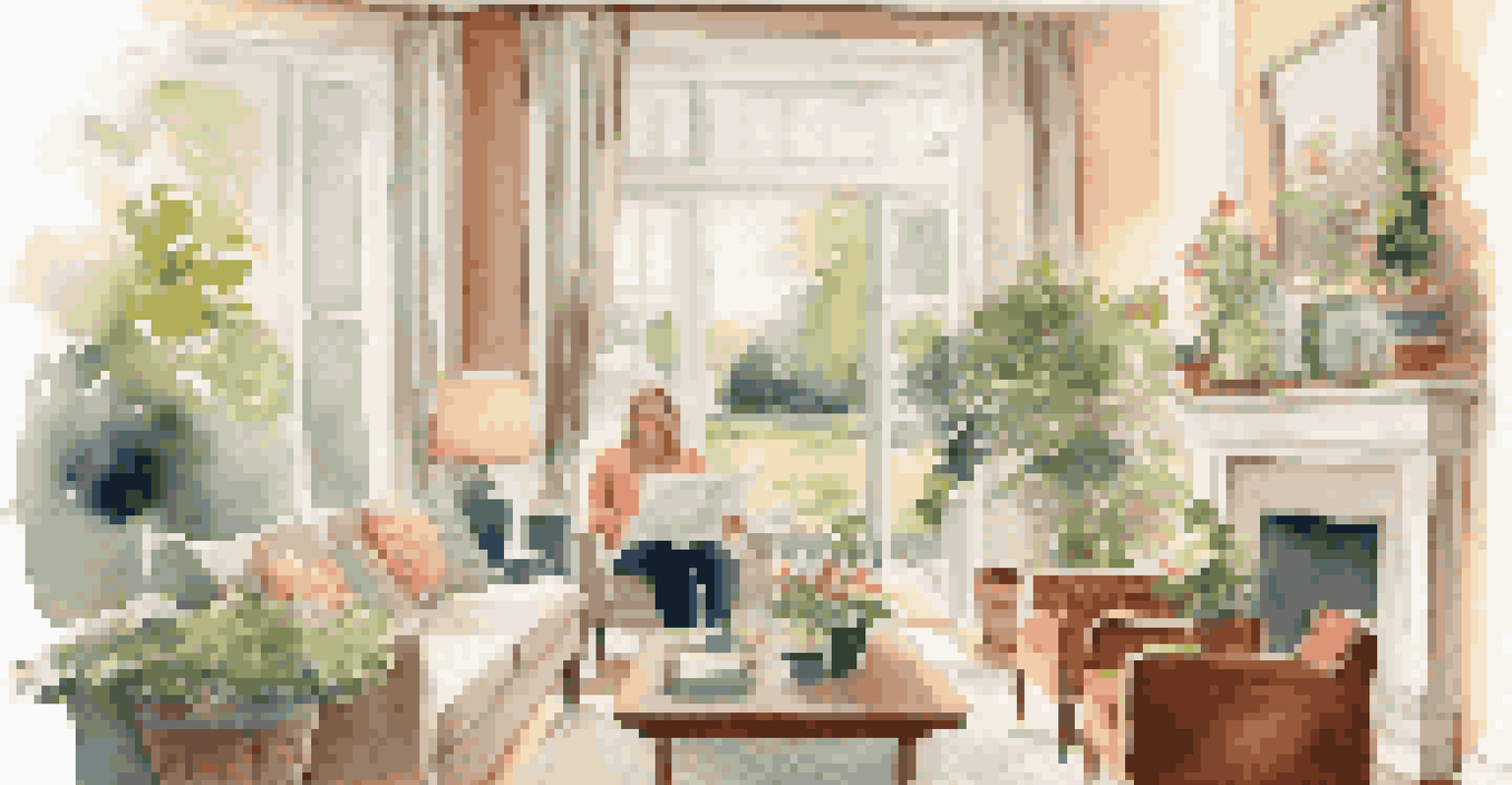 A family reviewing a real estate contract in a bright living room, with a view of a garden through the window.