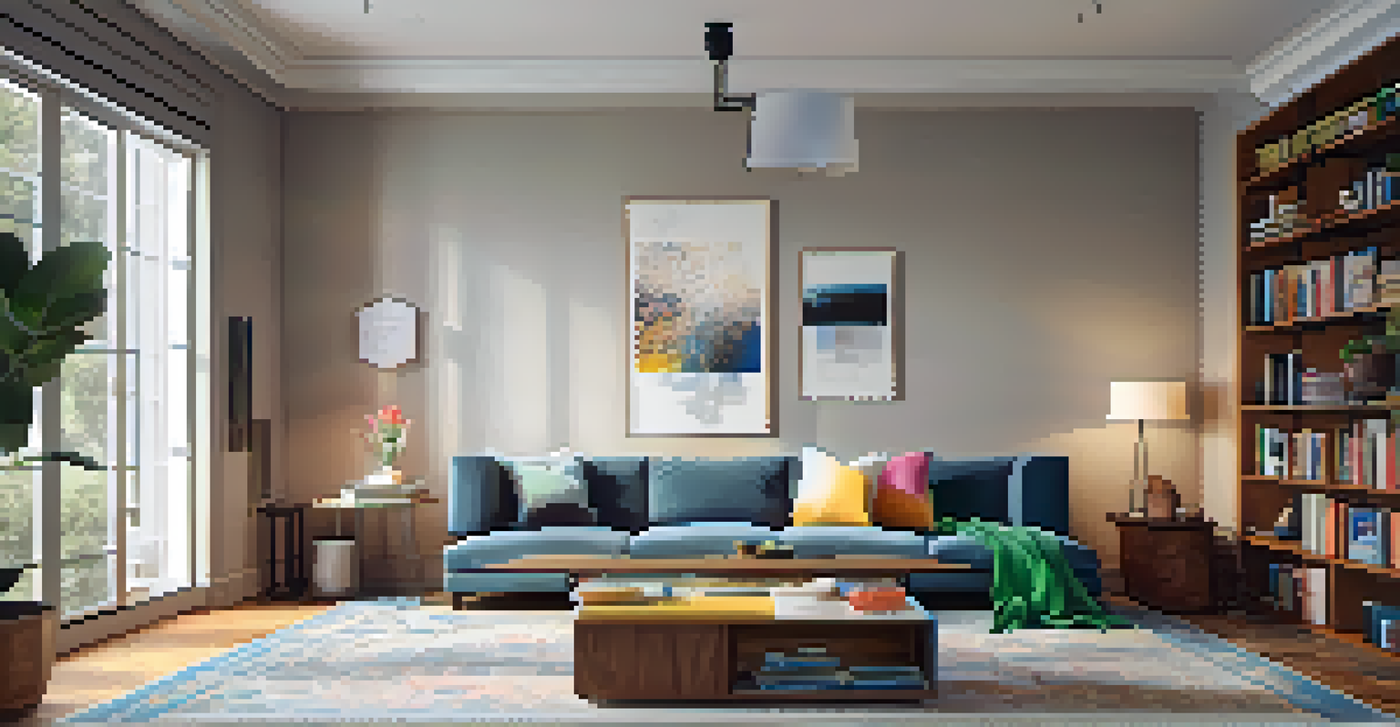 A cozy living room with a comfortable sofa, colorful cushions, a coffee table with art books, and warm lighting creating an inviting atmosphere.