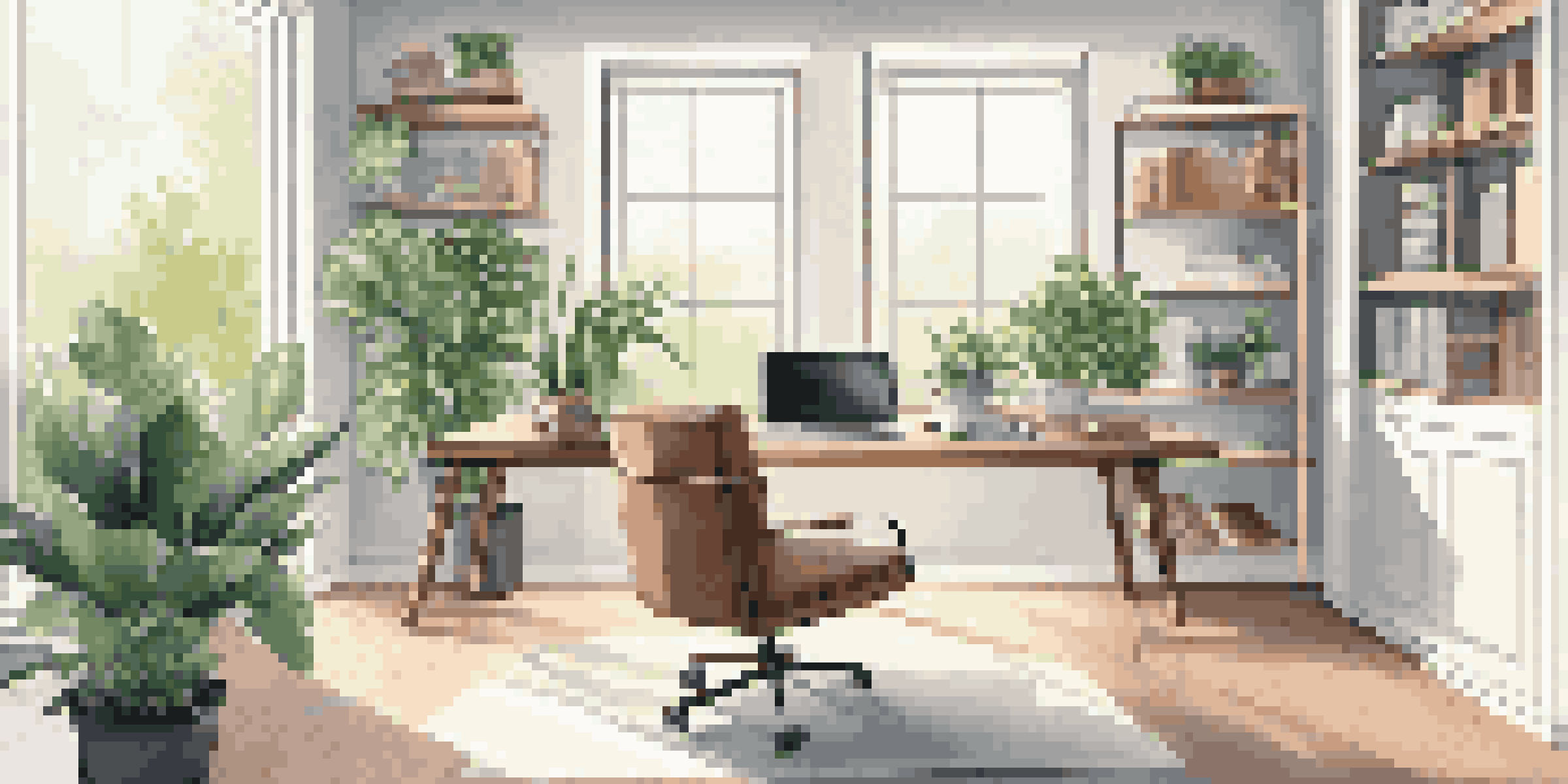 A bright and modern home office with a desk, chair, and laptop, surrounded by plants and bookshelves.