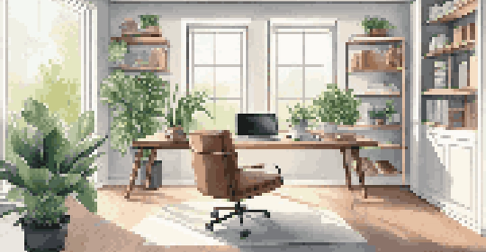 A bright and modern home office with a desk, chair, and laptop, surrounded by plants and bookshelves.