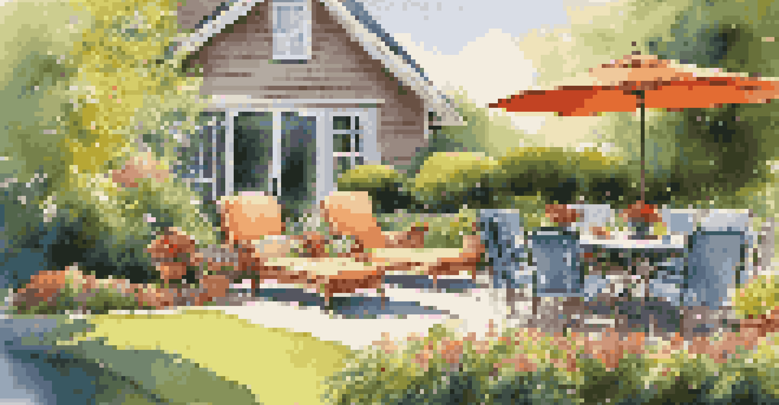 A sunny summer backyard with lush greenery, colorful flowers, and a cozy patio setup, reflecting a warm and inviting outdoor space.