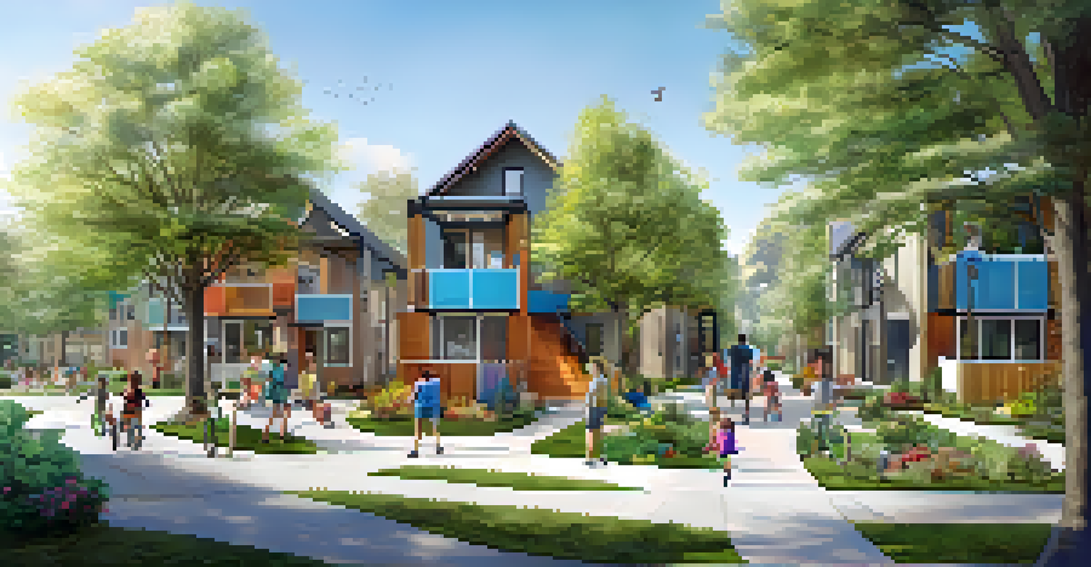 A vibrant community-centric neighborhood with walkable paths, communal gardens, and friendly interactions among residents.