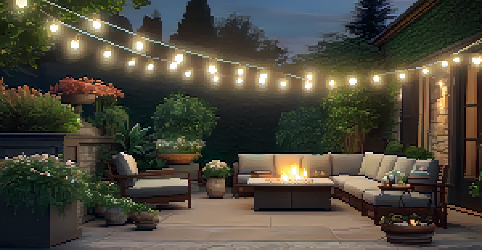 A charming outdoor patio with seating, a fire pit, and string lights, surrounded by flowers and greenery.