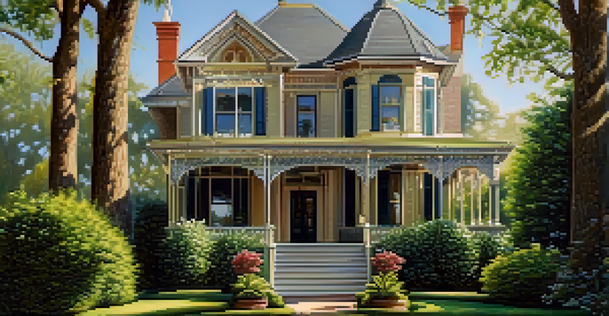 A historic Victorian home with intricate architectural details surrounded by lush greenery and sunlight casting soft shadows.