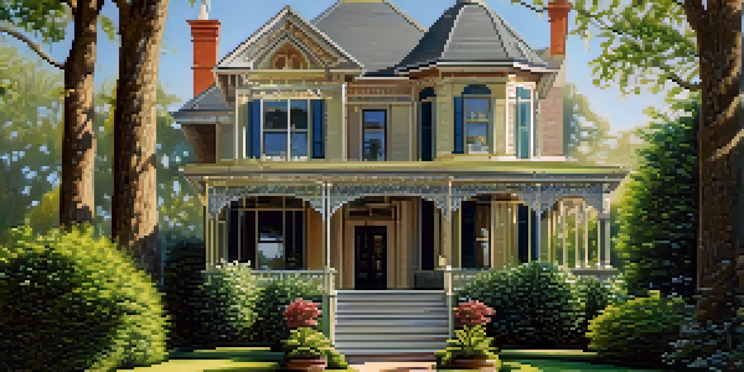 A historic Victorian home with intricate architectural details surrounded by lush greenery and sunlight casting soft shadows.