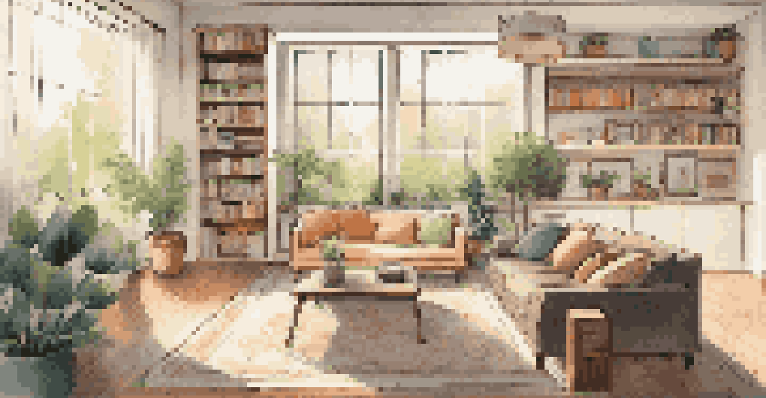 A spacious living room featuring a multi-functional design with a sofa, wall-mounted desk, and a view of a garden.