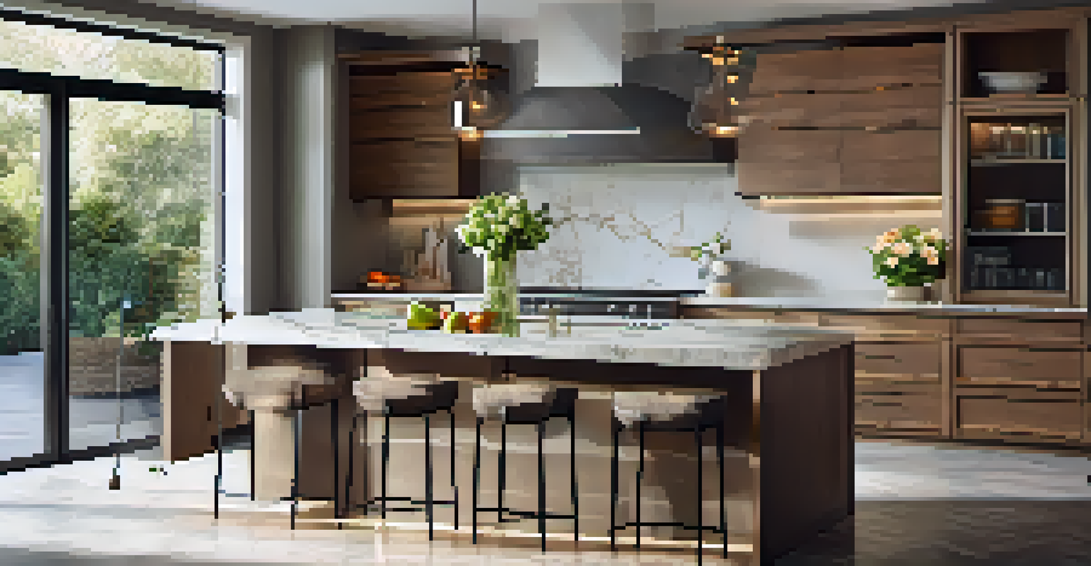 An inviting kitchen with modern cabinetry and rustic accents, featuring a marble countertop.