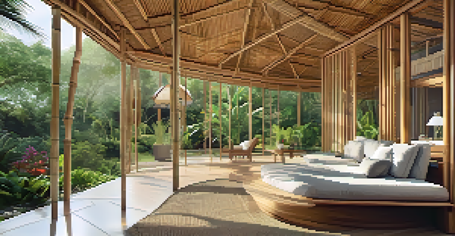 A modern eco-friendly house made of bamboo, surrounded by lush tropical gardens, highlighting its innovative design.