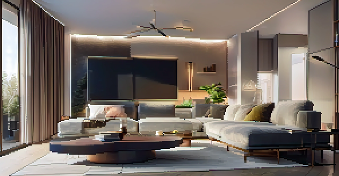 A modern living room with smart lighting, showcasing adjustable brightness and color, cozy furnishings, and natural light from large windows.