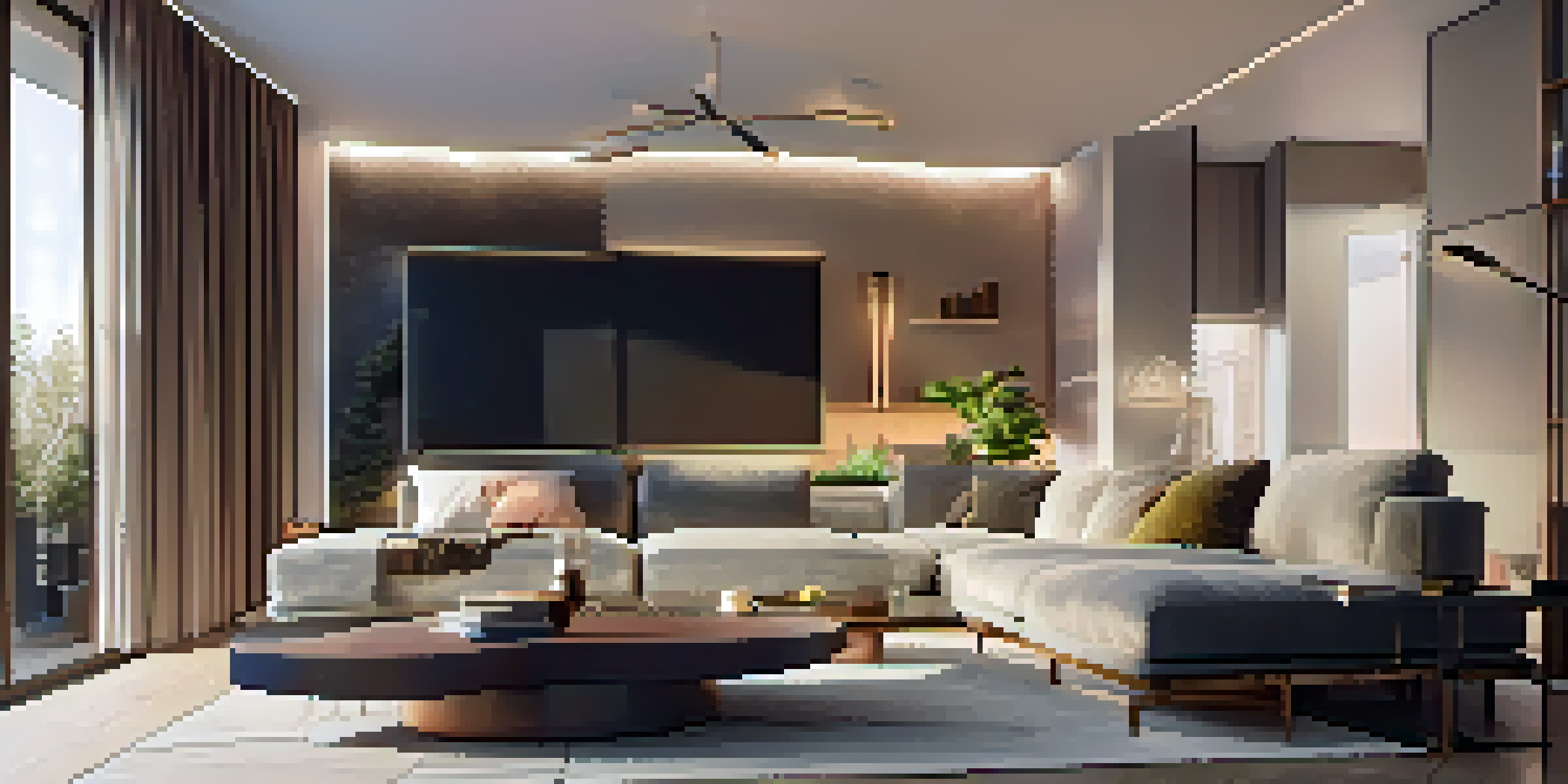 A modern living room with smart lighting, showcasing adjustable brightness and color, cozy furnishings, and natural light from large windows.