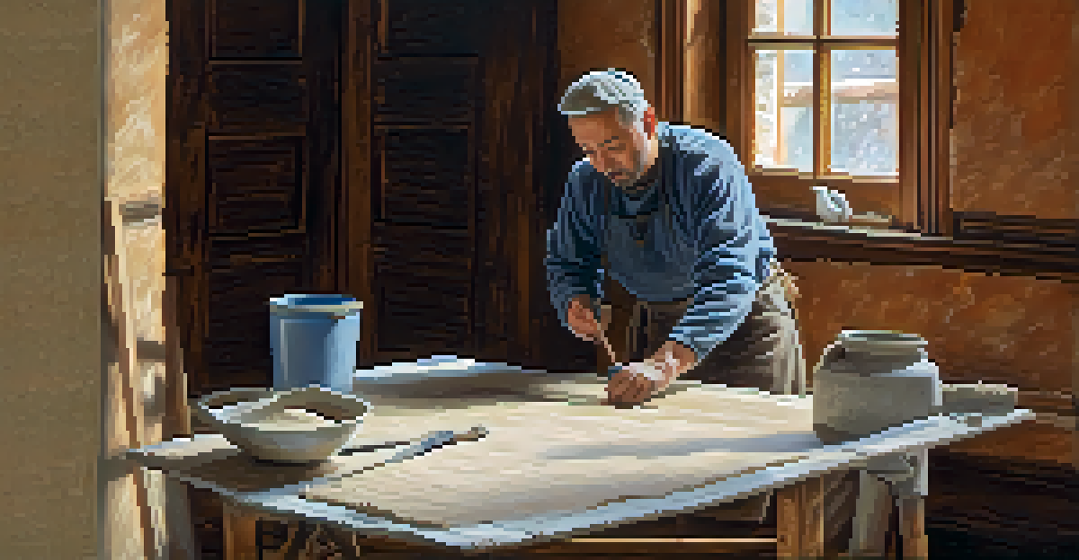 An artisan applying plaster to a wall, highlighting intricate textures and skilled craftsmanship in a softly lit historic home.