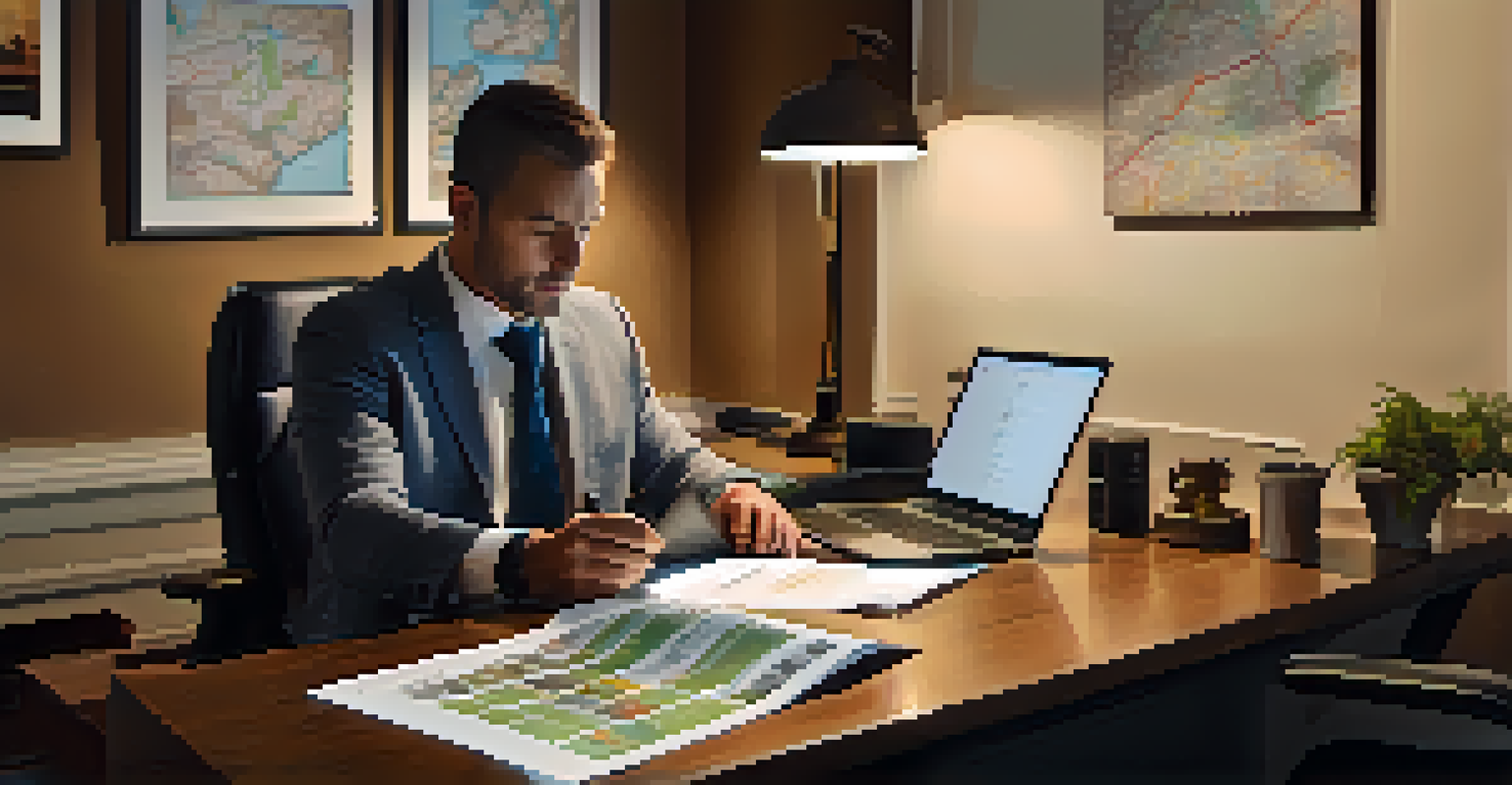 Real estate investor analyzing data on a laptop in a cozy office, with property brochures and a large map on the wall.