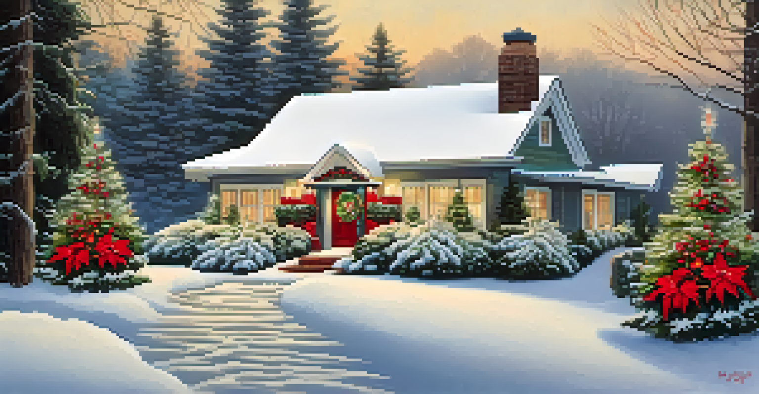 A home in winter decorated with evergreen boughs and red poinsettias, with a light dusting of snow and warm lights creating a festive atmosphere.