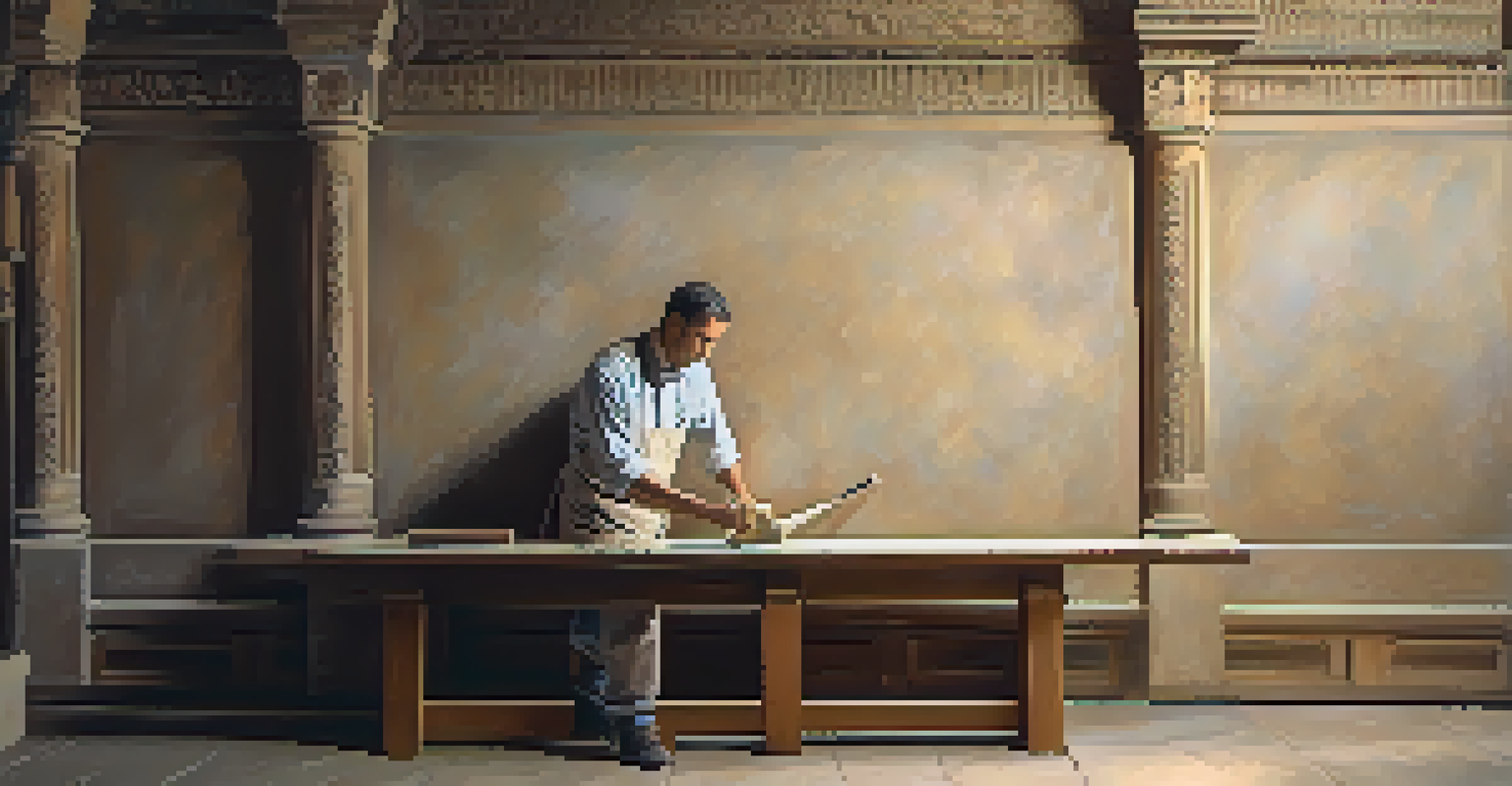 An artisan applying traditional plaster on a detailed historic wall, with tools on a bench, illuminated by soft light.