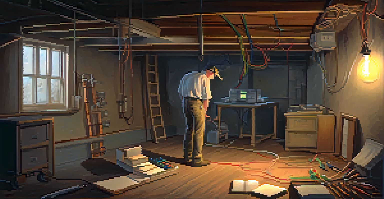 A home inspector crouching beside a circuit panel in a basement, taking notes in low light conditions.