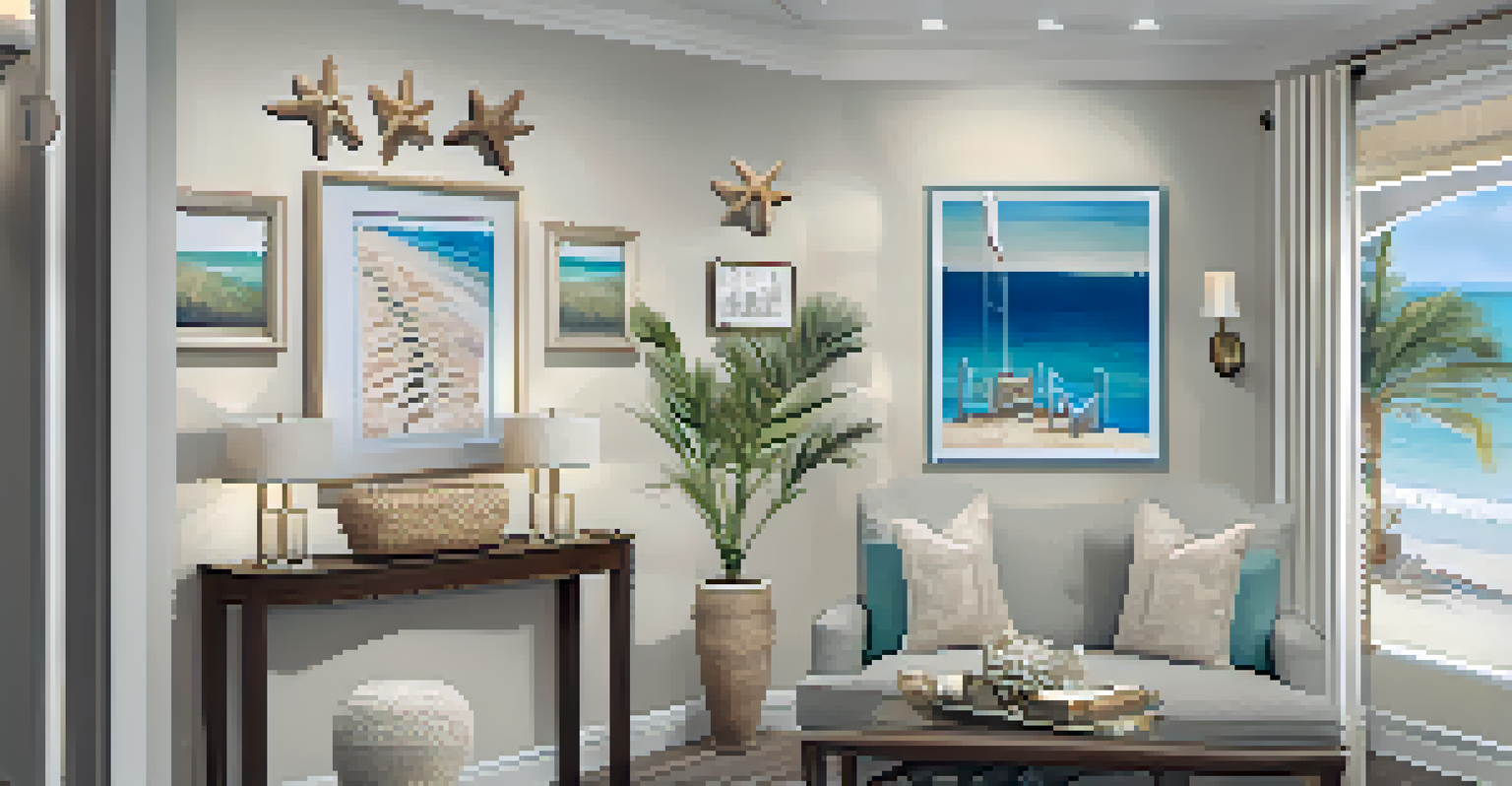 A gallery wall of family beach photos in a coastal entryway, with decorative seashells and warm lighting, creating a cozy atmosphere.