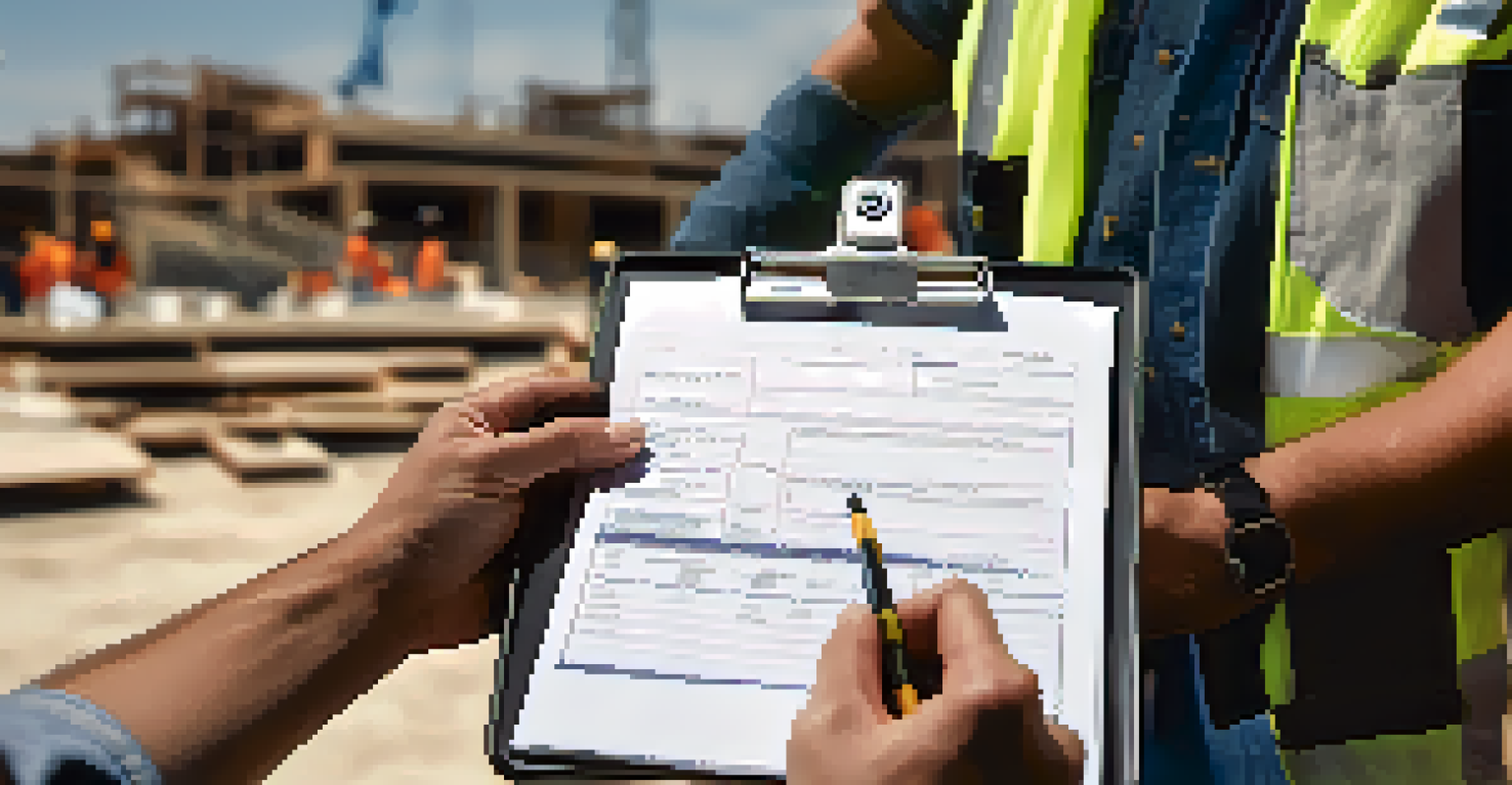 Close-up of hands documenting compliance on a clipboard at a construction site, with measuring tape and safety helmet in the background.