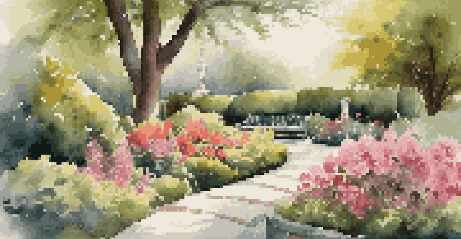 A landscaped garden with blooming flowers, a winding stone path, and a wooden bench under a flowering tree, illuminated by late afternoon sunlight.