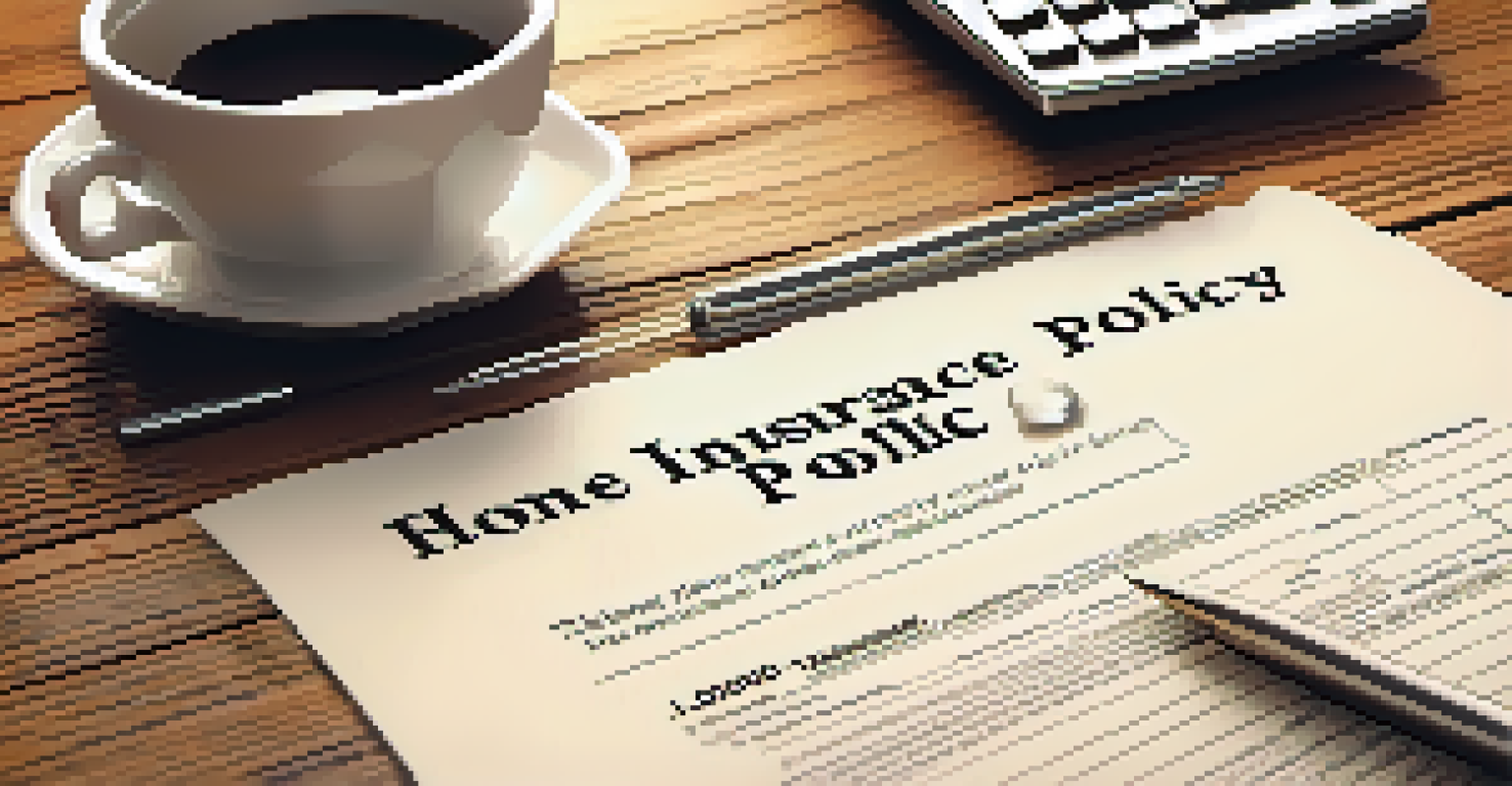 A close-up view of a home insurance policy document on a table, accompanied by a calculator and a coffee mug, in a softly lit home office.
