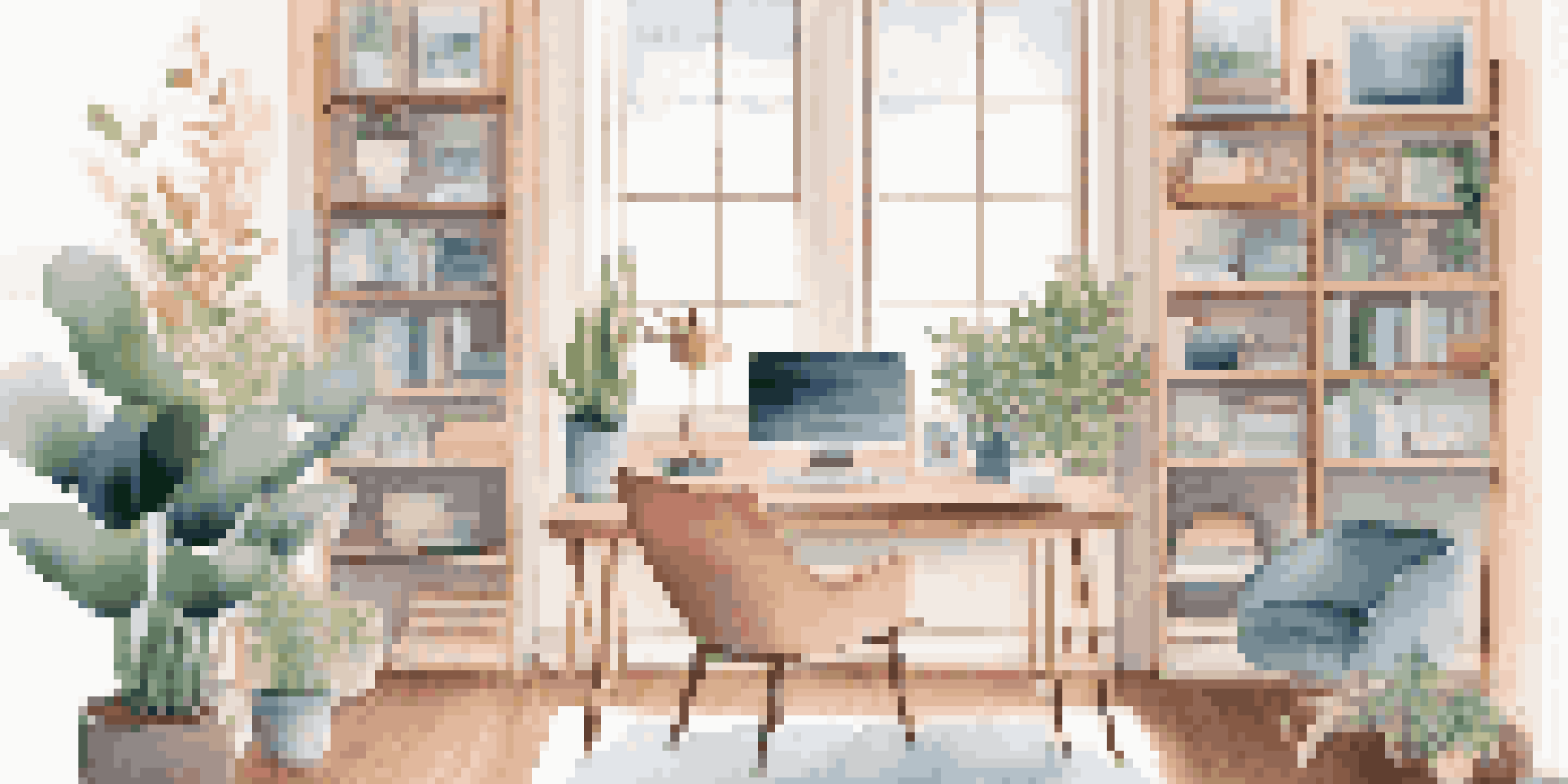 A modern home office with a large window, a clean desk, a laptop, and a cozy armchair, featuring soft pastel colors and a small bookshelf.