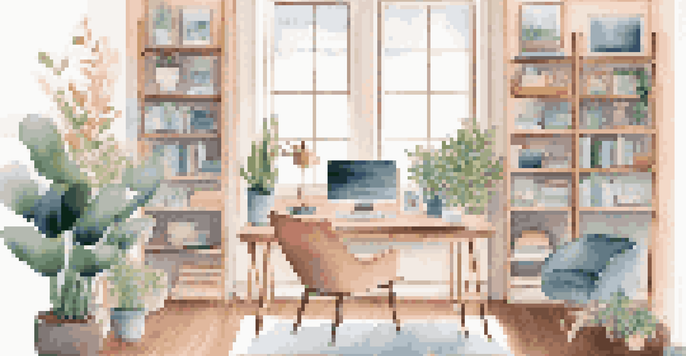 A modern home office with a large window, a clean desk, a laptop, and a cozy armchair, featuring soft pastel colors and a small bookshelf.