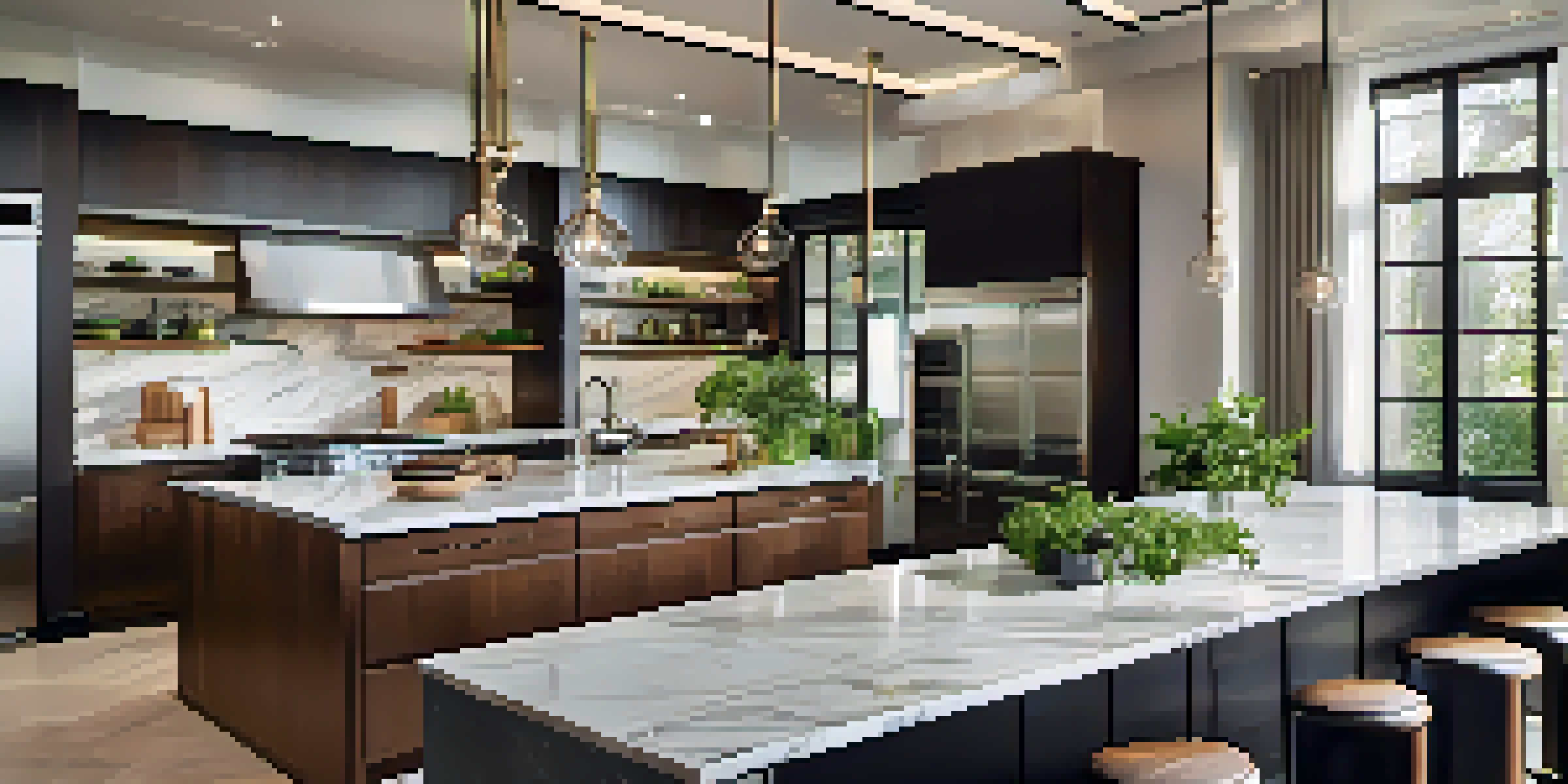 A bright and elegant gourmet kitchen with high-end appliances and marble countertops, decorated with fresh herbs and stylish bar stools.