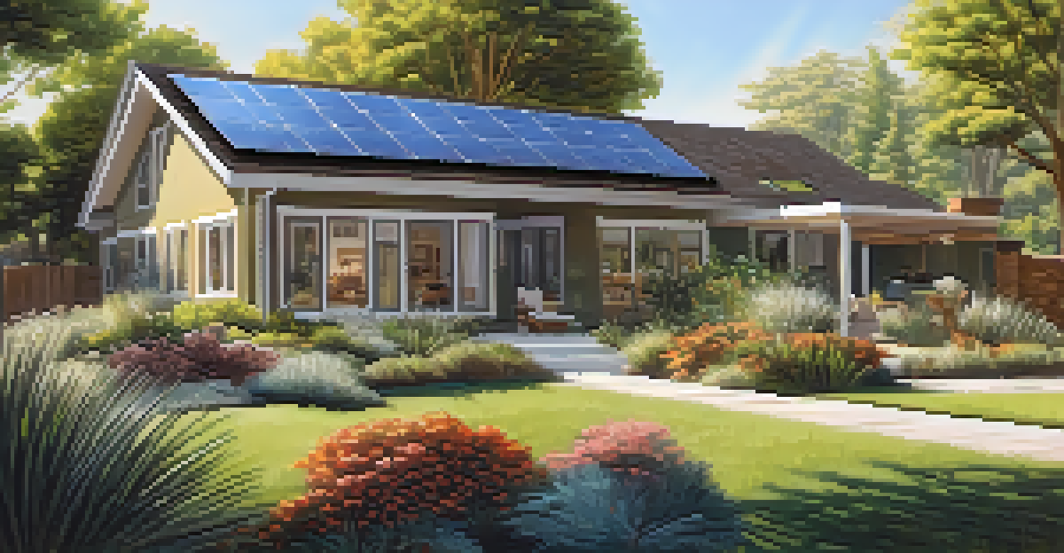 A home with solar panels surrounded by a vibrant garden of native plants under warm sunlight.