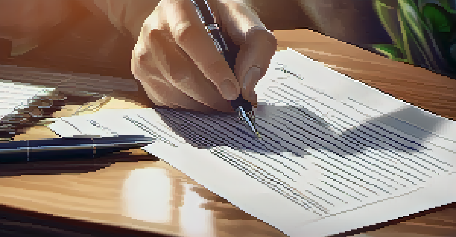A close-up of a hand writing on a legal document with a laptop and a plant nearby.