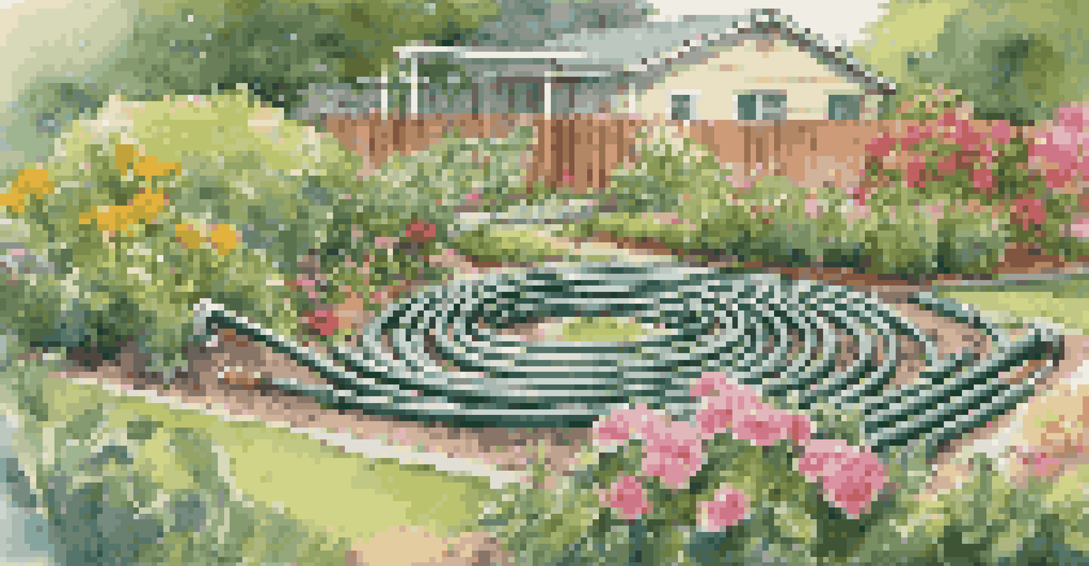 A close-up of a drip irrigation system in a vibrant garden with flowers and a rainwater collection barrel.