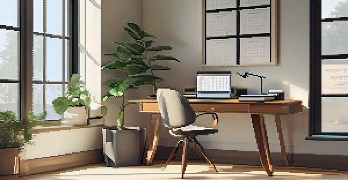 A cozy office space with a wooden desk, laptop, and green plant, illuminated by natural light from a window.