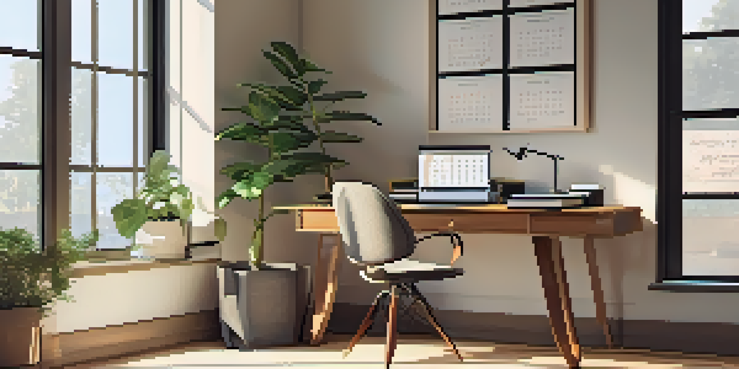 A cozy office space with a wooden desk, laptop, and green plant, illuminated by natural light from a window.
