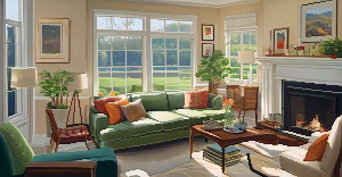 A warm and inviting living room for an open house, with soft lighting, comfortable seating, and refreshments on a table.