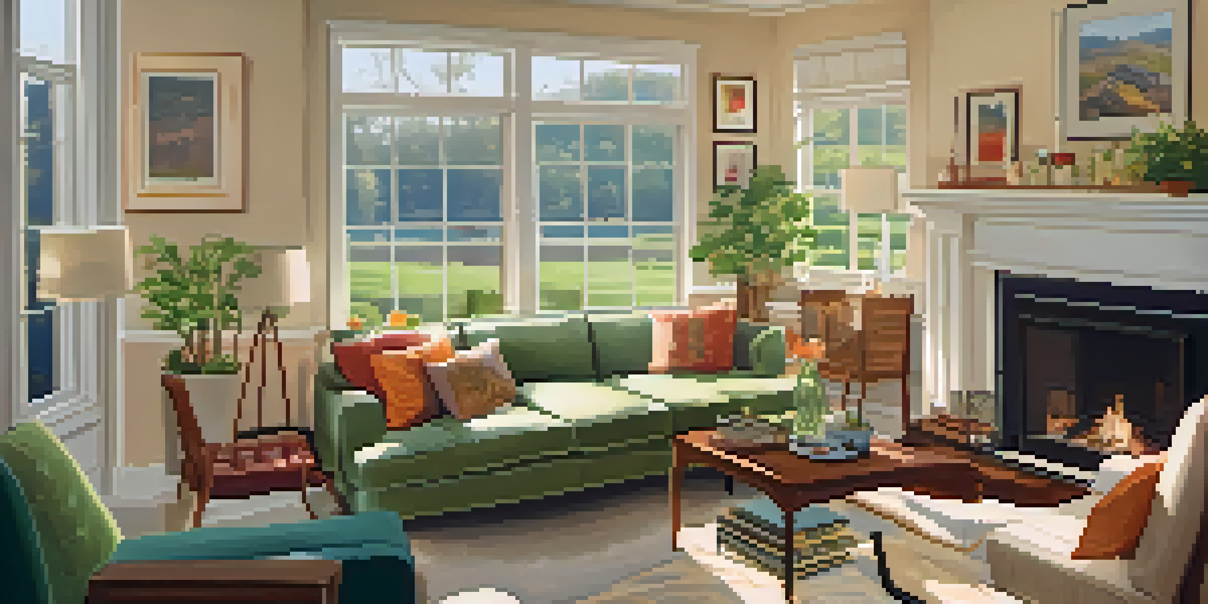 A warm and inviting living room for an open house, with soft lighting, comfortable seating, and refreshments on a table.