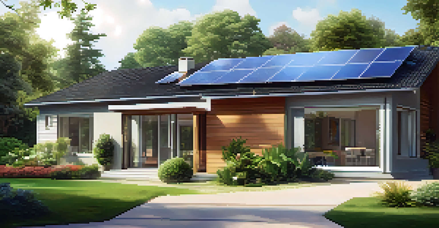 A modern home featuring solar panels and energy-efficient windows, set in a green landscape under a blue sky.