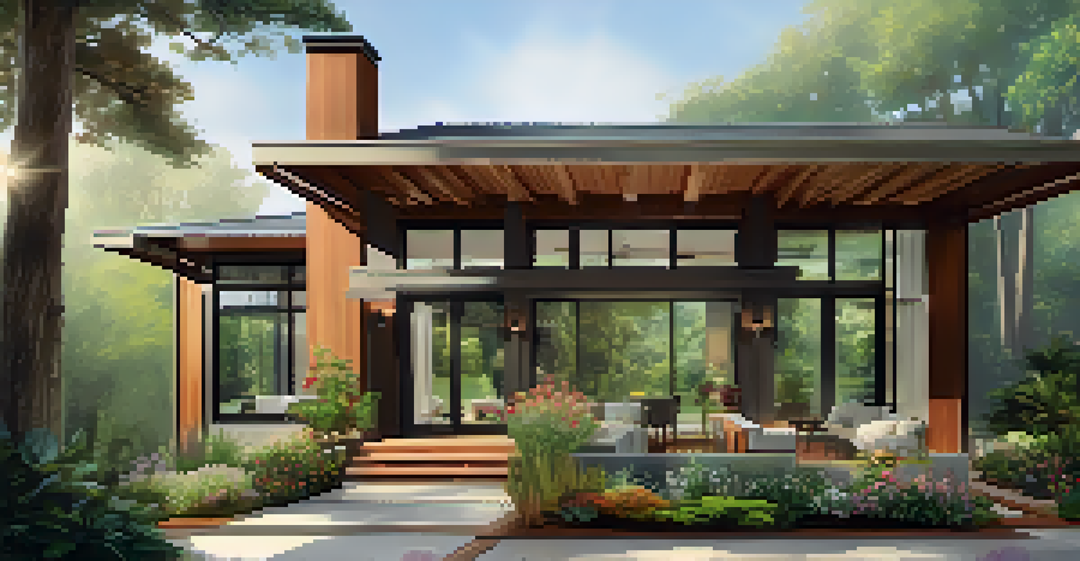 A contemporary home with energy-efficient windows surrounded by greenery, showcasing sunlight on the window frames and a cozy interior.