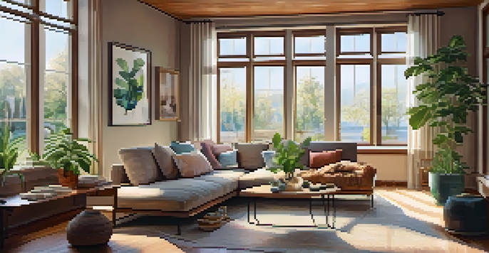 A cozy living room with double-pane windows, potted plants, and warm-toned cushions, illuminated by soft sunlight.