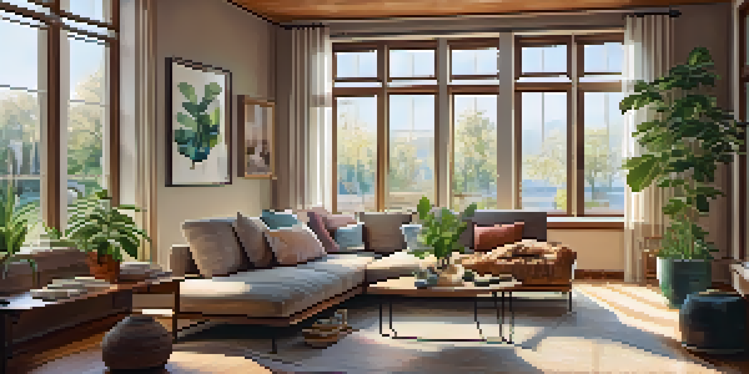 A cozy living room with double-pane windows, potted plants, and warm-toned cushions, illuminated by soft sunlight.