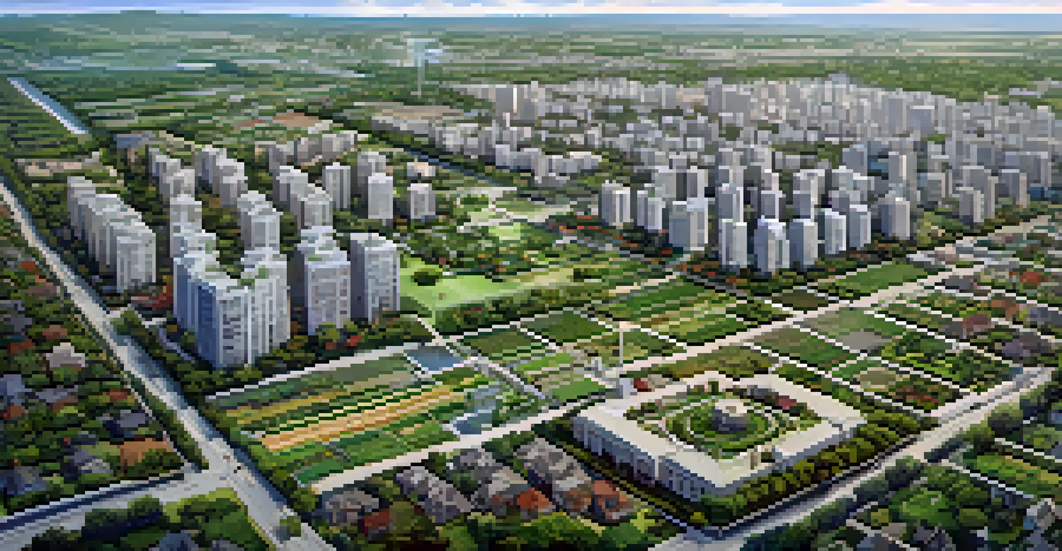 Aerial view of a city with clearly defined zoning areas, including residential, commercial, and agricultural zones.