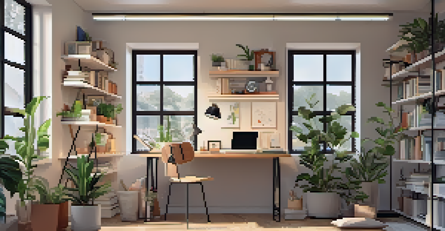 A creative workspace in a small area, showcasing wall-mounted shelves with clip-on lights, a bright desk lamp, and natural light, complemented by light-colored walls and organized decor.