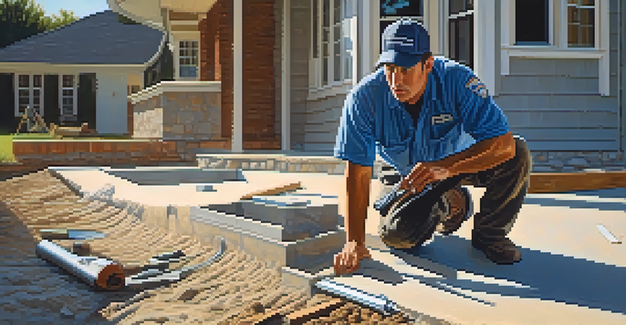A home inspector kneeling beside a foundation, inspecting for cracks with a flashlight.