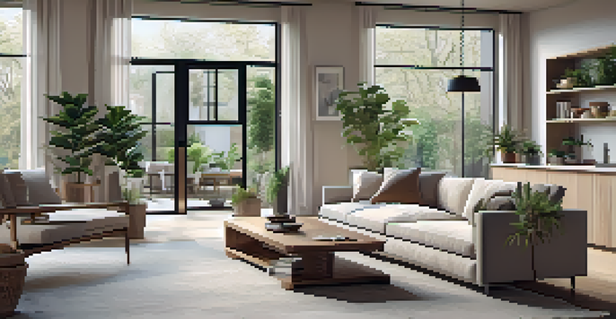 A bright and airy open concept living room with large windows, a cozy sofa, and a dining area, emphasizing natural light and minimalist decor.