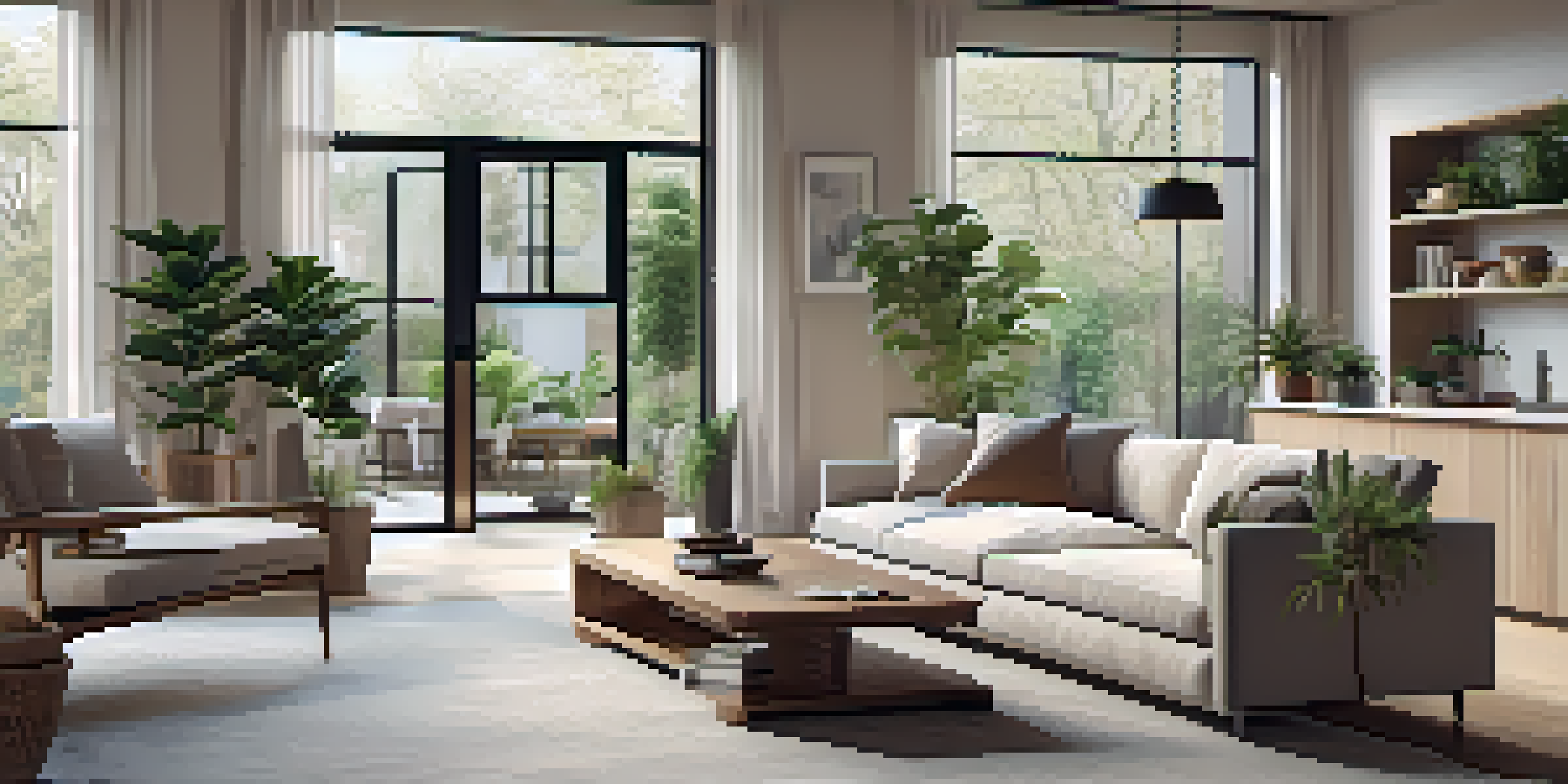A bright and airy open concept living room with large windows, a cozy sofa, and a dining area, emphasizing natural light and minimalist decor.