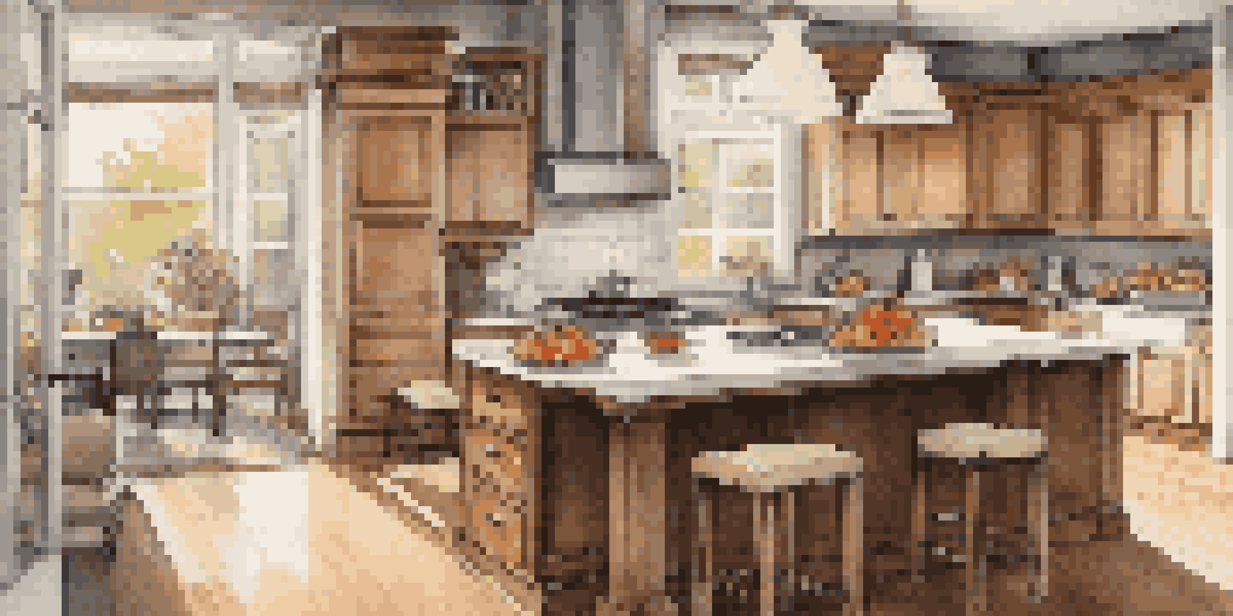 A renovated kitchen with modern appliances and natural light, featuring wooden cabinetry and a kitchen island with fruits and a vase.