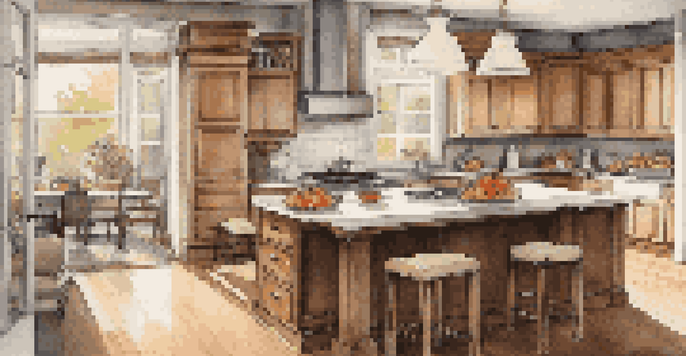 A renovated kitchen with modern appliances and natural light, featuring wooden cabinetry and a kitchen island with fruits and a vase.