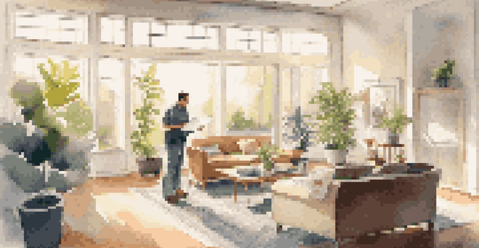 A home inspector in a bright living room checks a list while looking at the ceiling.