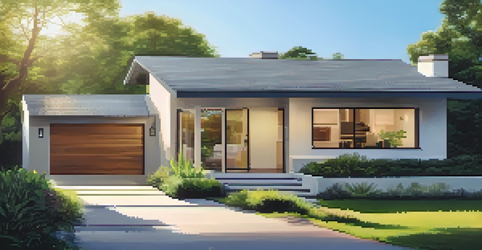 A modern house with a 'For Rent' sign in the front yard, surrounded by greenery and flowers under a clear blue sky.